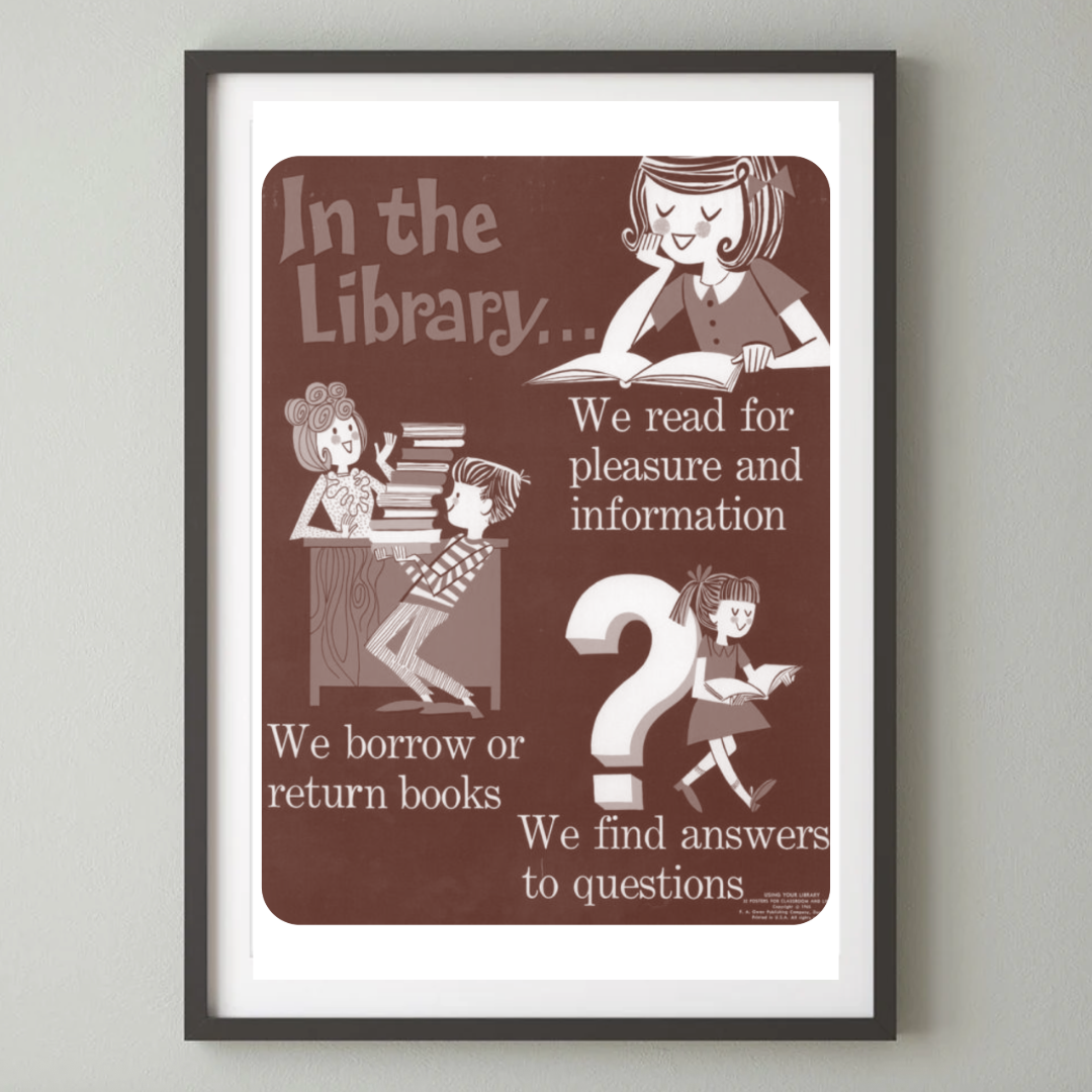 Set of 5 Retro Public Library info posters for home library wall art decor digital download