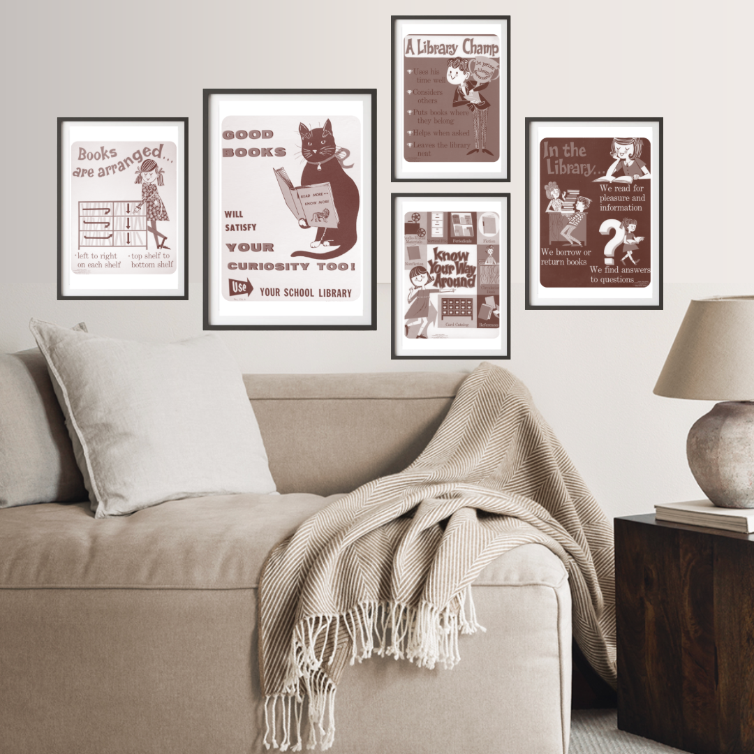 Set of 5 Retro Public Library info posters for home library wall art decor digital download
